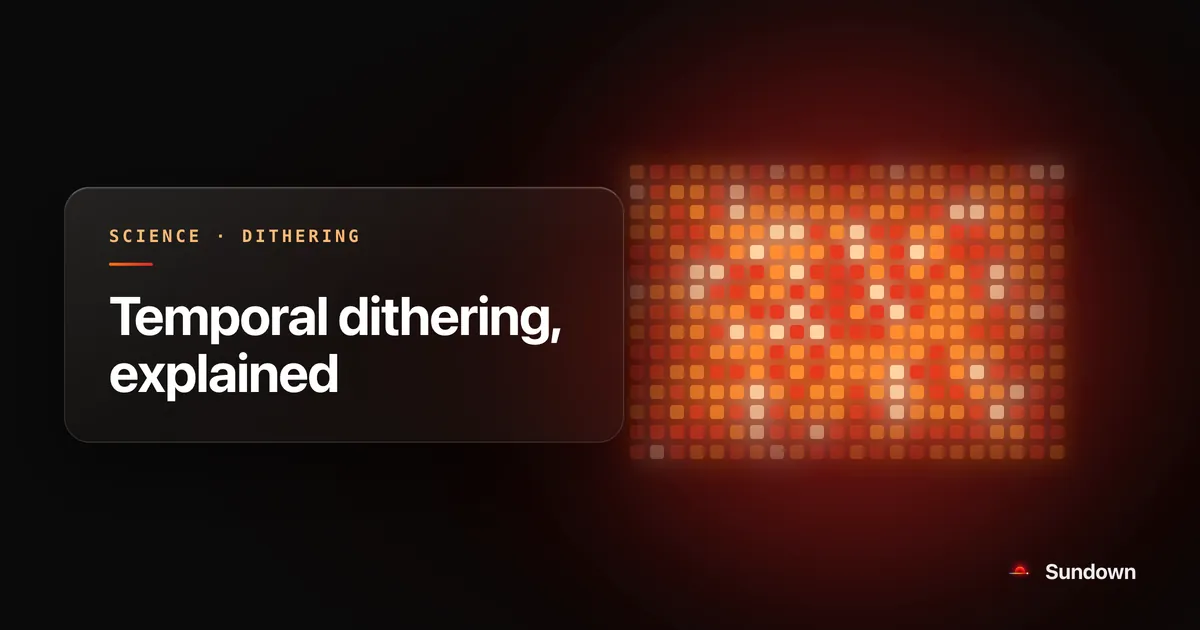 An illustration of a grid of pixels in warm colours, the pattern temporal dithering flicks between