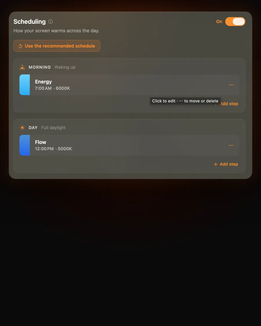 Sundown's Scheduling tab, switched on, with steps for the morning and the day and a button to use the recommended schedule