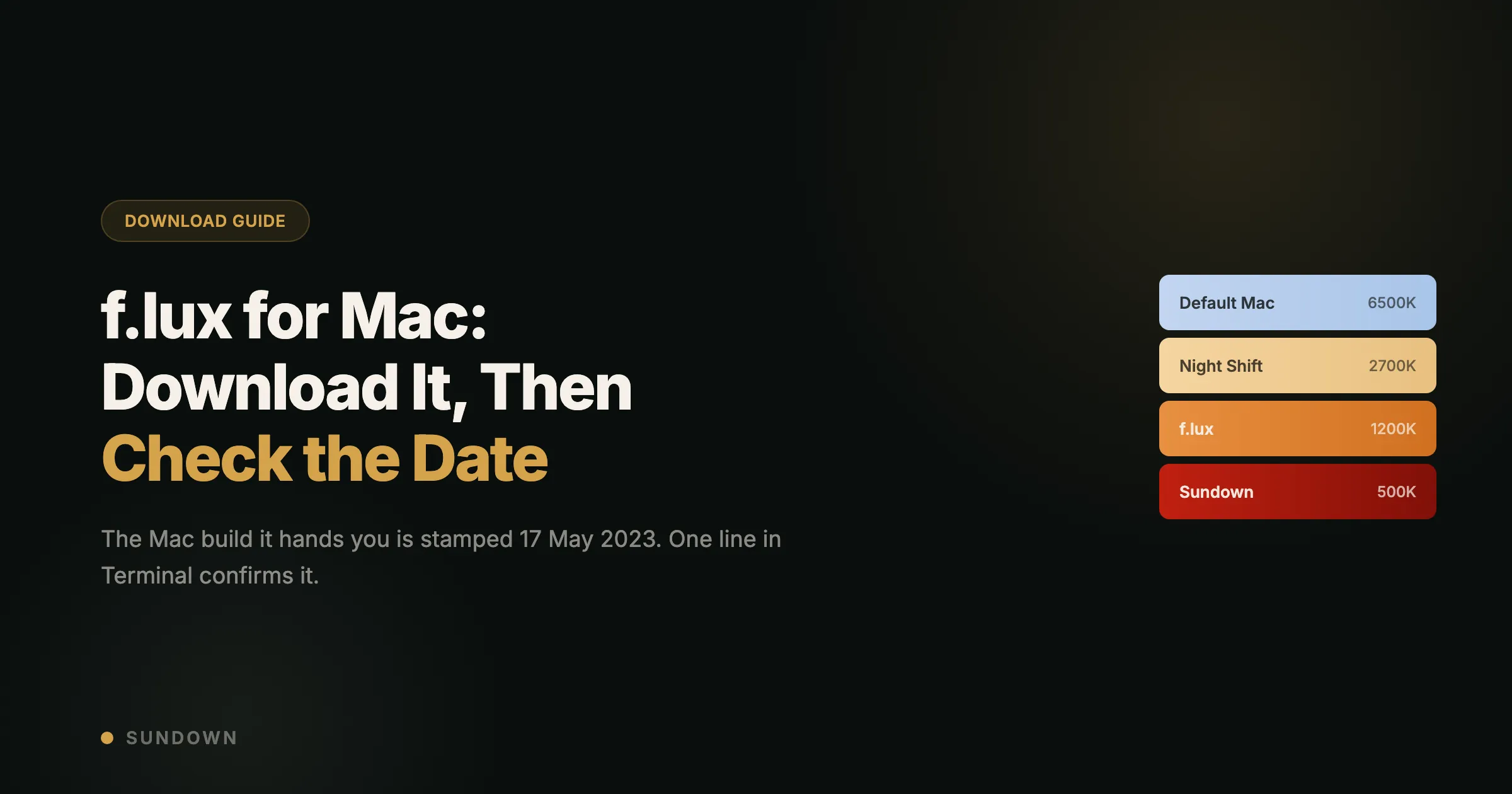 f.lux for Mac download guide showing the Kelvin warmth scale from default Mac 6500K through Night Shift 2700K and f.lux 1200K down to Sundown 500K